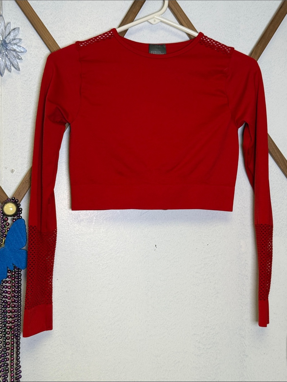 Sports Illustrated Swim Red Long-Sleeve Mesh-Trim Crop Top
